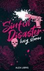 „Sinful Disaster“, lucy storm, eine pinke Pistole, schwarzer Hintergrund, pinke Blumen, Totenkopf.