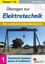 Titel: "Übungen zur Elektrotechnik". Foto eines Bockkrans im Freien, umgeben von Natur und Gebäuden.