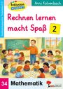 "Rechnen lernen macht Spaß 2" steht in roter Schrift. Illustration zeigt Kinder in einem Klassenraum, die Mathematik lernen.