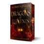 Titel: "Dragons of Elements". Autor: Amber Morgan. Untertitel: "Schicksalsflammen". Rotes Drachenmotiv im Hintergrund.