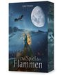 "Das Spiel der Flammen" von April Wynter. Eine Person mit Flammen umgeben, hinter ihr eine große Mondlandschaft und Drachen.