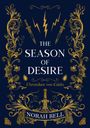 „The Season of Desire“, „Chroniken von Caldo“, „Norah Bell“. Goldene Ornamente und Dolche auf dunkelblauem Hintergrund.