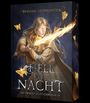 "Evelyne Aschwanden. So hell die Nacht. Die Immernacht-Chroniken." Illustration einer Person mit leuchtendem Schwert und Motten.