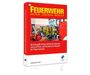 „FEUERWEHR RETTEN LÖSCHEN BERGEN“ oben in Gelb. Rote Feuerwehrjacken und -ausrüstung in einer Garage.
