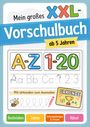 "Mein großes XXL-Vorschulbuch ab 5 Jahren. A-Z 1-20. Mit Urkunden zum Ausmalen. Buchstaben, Zahlen, Schwungübungen & Formen, Rätsel." Illustration mit buntem, kinderfreundlichem Design und Symbolen wie einer Biene und einem Stift.