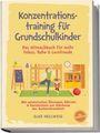 „Konzentrationstraining für Grundschulkinder“. Illustration: Mutter und Kinder beim Yoga, Spielzeug, Bücherregal.