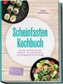 "Scheinfasten Kochbuch" von Tabea Lindenau. Sushi oben, Salat unten, beide auf schwarzen Tellern, Holzhintergrund, türkisfarbener Text.