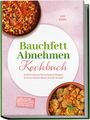 Buchcover: "Bauchfett Abnehmen Kochbuch" von Kim Riedel. Bunte Gerichte sind abgebildet inklusive 30-Tage-Ernährungsplan.