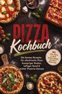 "PIZZA Kochbuch. Die besten Rezepte für ofenfrische Pizza. Verschiedene belegte Pizzen auf dunklem Untergrund."
