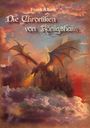 "Frank Albers, Die Chroniken von Königshain." Ein Drache speit Feuer über einer Burg, umgeben von Wolken und Sonnenuntergang.