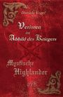 Rote Buchillustration mit goldenen Verzierungen. Text: "Daniela Vogel. Verloren im Abbild des Kriegers. Mystische Highlander."