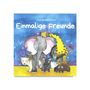 Text: "Einmalige Freunde" von Friederike Mork-Antony. Illustration: Tiere wie Elefant, Giraffe, Eisbär auf blauem Hintergrund.