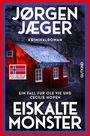 „Jørgen Jæger: Eiskalte Monster. Kriminalroman. Ein Fall für Ole Vik und Cecilie Hopen.“ Ein rotes Haus mit Schnee.