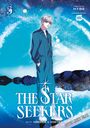 „THE STAR SEEKERS“ ist groß in der Mitte. Illustration eines Jungen in blauem Overall vor einem sternklaren Himmel.