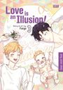 „Love is an Illusion! Story & Art by Fargo 3.“ Eine Illustration mit drei Personen. Person mit Blumen, Baby mit Schnuller.
