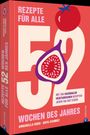 "Rezepte für alle 52 Wochen des Jahres" und "Mit 200 saisonalen vegetarischen Rezepten jeden Tag gut essen". Eine Illustration mit Tomate und Feige.