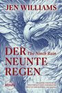 "Der Neunte Regen", "The Ninth Rain", Zitat von The Guardian, rote Lettern, Illustration eines Adlers in Blau- und Weißtönen.