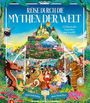 Buchtitel "Reise durch die Mythen der Welt". Bunte Illustration mit Drachen, Figuren und einem Berg mit Tempeln.