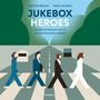 Text: "JUKEBOX HEROES. Ikonische Plattencover in minimalistischem Design." Illustration: Vier Figuren überqueren einen Zebrastreifen.