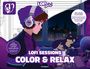 "LOFI SESSIONS COLOR & RELAX" in großer, auffälliger Schrift. Zeichnung eines Mädchens mit Kopfhörern und schlafendem Hund.