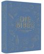 Texte: "DIE BIBEL", "DIE GRÖSSTE GESCHICHTE ALLER ZEITEN". Illustrationen biblischer Symbole in Gold auf blauem Hintergrund.