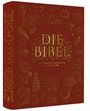 Text: "DIE BIBEL" und "DIE GRÖSSTE GESCHICHTE ALLER ZEITEN". Rotes Cover mit goldenen, religiösen Symbolen und Illustrationen.
