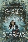 "Chased by Sins and Sorrows" von Ophelia L. Nightfall. Eine Illustration: Frau in düsterem Wald, umgeben von Ästen.