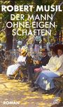„Robert Musil, Der Mann ohne Eigenschaften, Roman“. Menschen sitzen auf Parkbänken, unter Bäumen, teils mit Hüten.