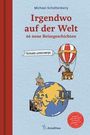 Buchtitel: "Irgendwo auf der Welt: 66 neue Reisegeschichten". Illustration mit Globus, Heißluftballon, Koffer.