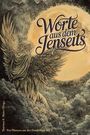 "Worte aus dem Jenseits" vor einem großen Mond. Ein geflügeltes Wesen mit ausgebreiteten Schwingen darunter.