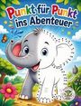 „Punkt für Punkt ins Abenteuer“ steht über einem Elefanten mit halbfertigem Punkt-zu-Punkt-Bild. Bunte Naturkulisse.
