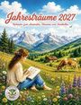 „Jahresträume 2027: Kalender zum Ausmalen, Träumen und Innehalten.“ Eine Frau malt in einer blühenden Bergwiese.