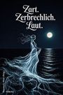 Zart. Zerbrechlich. Laut. Illustration einer Frau aus Licht vor einem Vollmond über dem Meer.