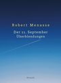 "Robert Menasse Der 11. September Überblendungen Droschl" vor einem sanften Übergang von dunkelblau zu hellblau mit Kondensstreifen.