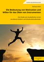 Gelber Hintergrund, Titel: "Die Bedeutung von Motivation und Willen". Silhouette eines springenden Menschen vor Sonnenuntergang. 