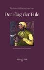 „Der Flug der Eule“, „Philosophische Studien“. Illustration eines Mannes mit Buch vor einem dekorativen Hintergrund.