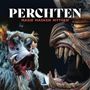 „PERCHTEN“ in Weiß, „MAGIE MASKEN MYTHEN“ in Rot; zwei furchterregende Masken, links mit Schweinezähnen, rechts mit großen Zähnen.