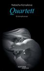 Text: "Natasha Korsakova, Quartett, Kriminalroman, SEPTIME suspense." Darstellung: Skulptur eines vermummten Mannes.