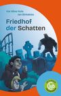 „Friedhof der Schatten“. Zwei Kinder verstecken sich hinter Gräbern, beobachten einen kräftigen Mann. Illustration.