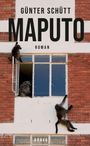 „Günter Schütt, Maputo, Roman, Drava.“ Drei Affen an einem Ziegelgebäude; einer im Fenster, zwei klettern an der Fassade.