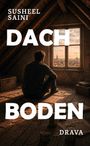 Im Dachboden sitzender Mann schaut aus dem Fenster auf eine Stadtlandschaft. Texte: "SUSHEEL SAINI", "DACHBODEN", "DRAVA".
