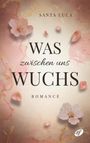 "Was zwischen uns wuchs" oben; rosa Blütenblätter auf cremigem, marmoriertem Hintergrund; Romance-Thema.