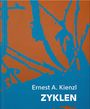 „Ernest A. Kienzl ZYKLEN“ in Weiß auf blau-orange Hintergrund, abstrakte Muster.
