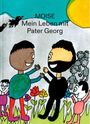 "MOISE Mein Leben mit Pater Georg" steht über zwei lachenden Figuren, umgeben von Blumen, einem Berg und einer Sonne.