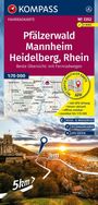 "Pfälzerwald Mannheim Heidelberg, Rhein. Mit GPS-Ortung. Kompass-Logo. Karte mit Radwegen. Sonnenuntergang über Stadt."