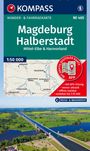 Wander- & Fahrradkarte Magdeburg Halberstadt, Mittel-Elbe & Harzvorland. Karte und Landschaftsfoto.
