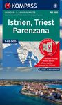Titel: "Istrien, Triest, Parenzana". Wanderkarte mit Maßstab 1:65.000. Bild zeigt Küstenstadt und Meer.
