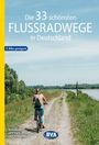 Die 33 schönsten FLUSSRADWEGE in Deutschland. E-Bike geeignet. Frau radelt auf einem Flussweg mit Wiese. BVA-Logo.