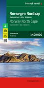 „Norwegen Nordkap. Straßenkarte 1:400 000.“ Landschaftsansicht mit Bergen und Meer unter blauem Himmel.