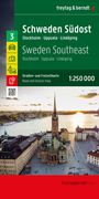 Schweden Südost: Stockholm, Uppsala, Linköping. Straßen- und Freizeitkarte, 1:250 000. Stadtansicht mit Kirche am Wasser.